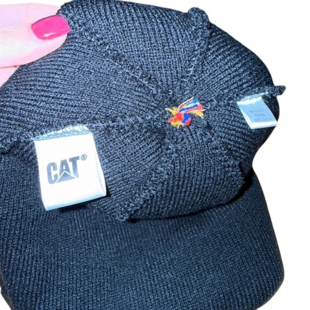 Caterpillar CAT Unisex One‎ Size Pre-Owned Embroidered Black Beanie Hat Pom Pom